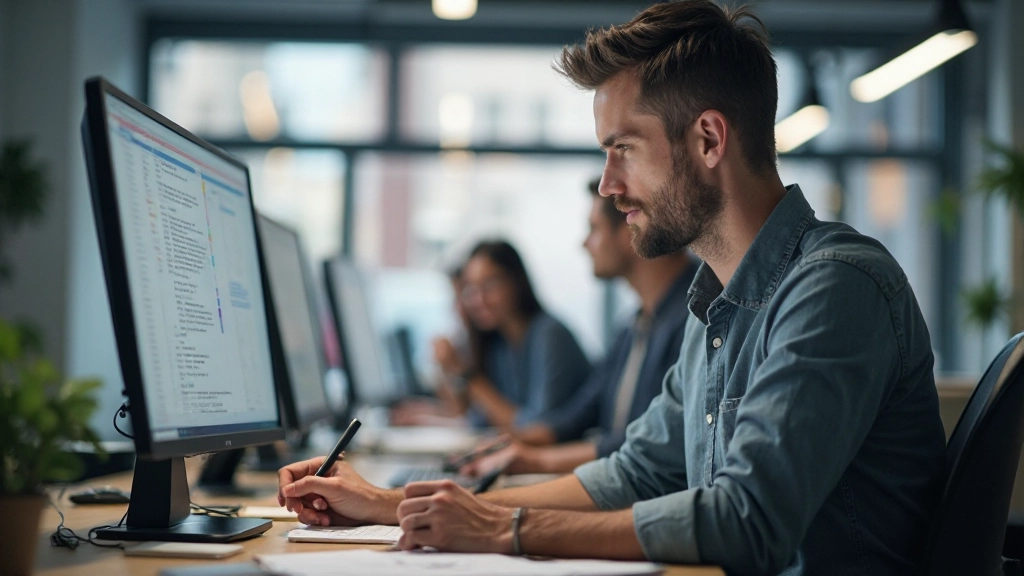 Designer werkt aan digitale ontwerpen met stylus pen op groot display, terwijl collega's in de achtergrond meekijken en feedback geven