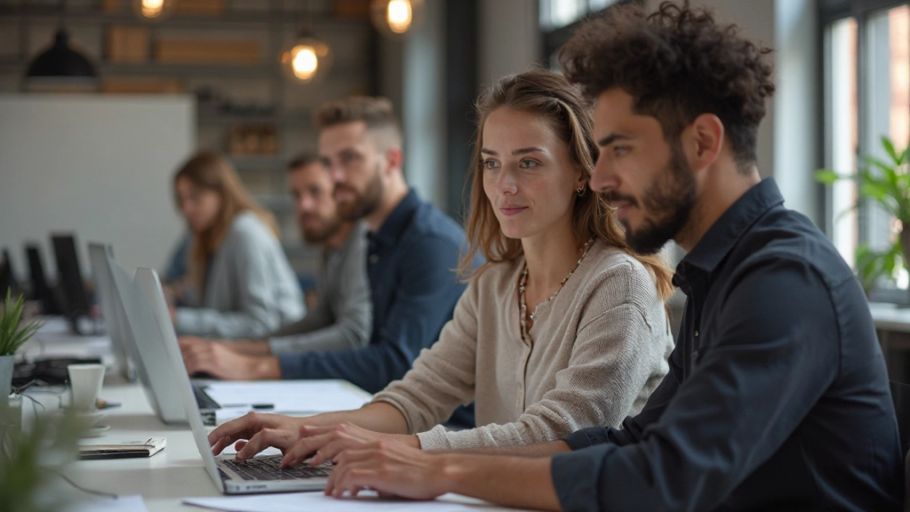 Designteam werkt gezamenlijk met digitale tools en design software op hun computers