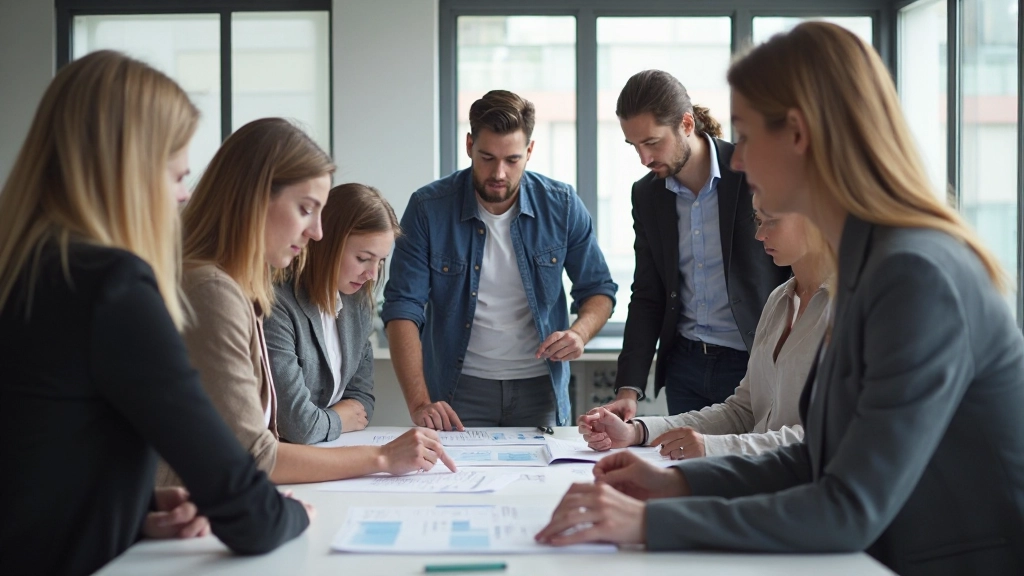 Team in discussie bij whiteboard, sommige leden kijken sceptisch naar prototype op scherm