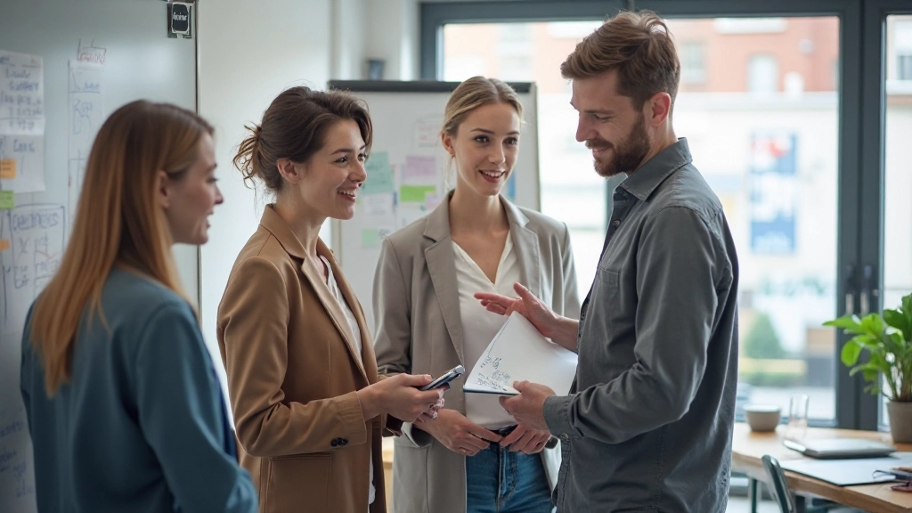 Team collaborating around whiteboard with design concepts and wireframes