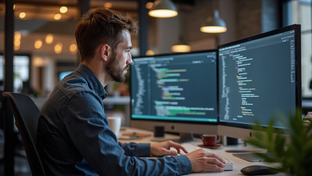 Developer integreert design system componenten in code editor met live preview op monitor