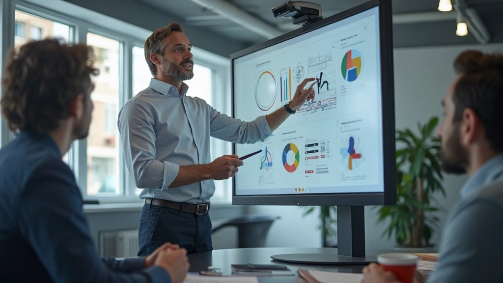 Designer toont voltooid project prototype op groot scherm aan belanghebbenden