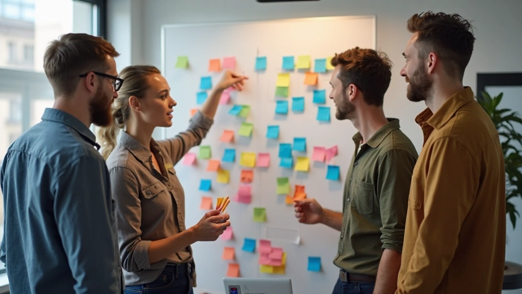 Agile scrum board met sticky notes in verschillende kolommen, team leden ordenen taken